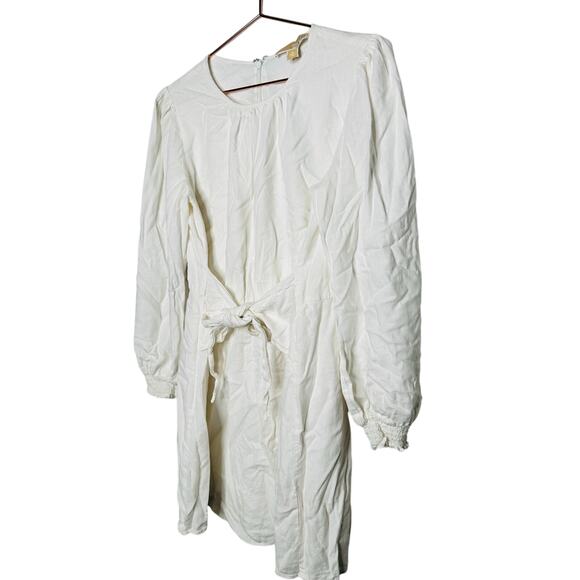 MICHAEL KORS White Long Sleeve Crewneck Linen Tie Front Mini Dress Size Medium - Picture 5 of 11